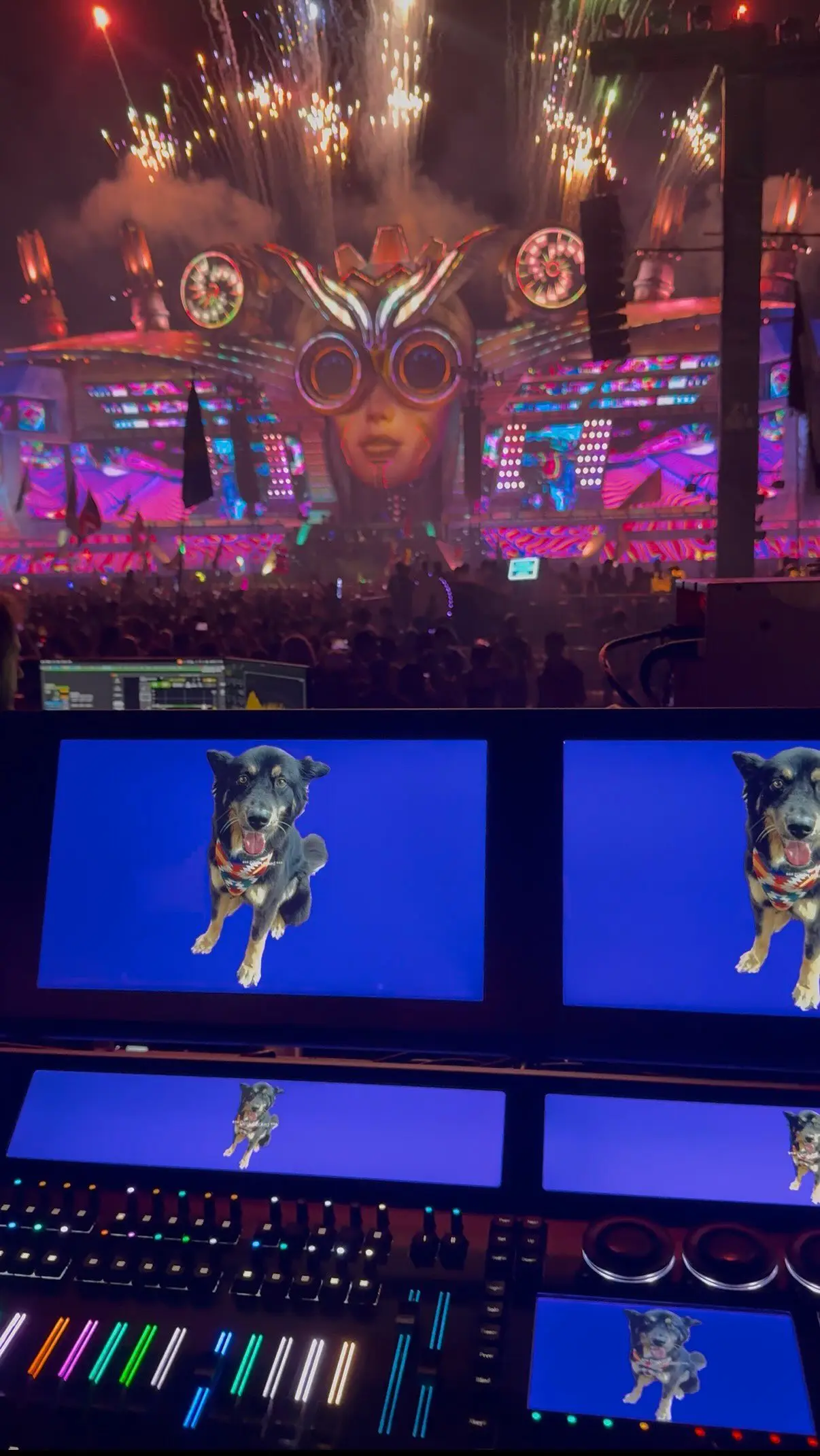 Tayla filling every screen across the lighting console, a festival main stage lit up behind
